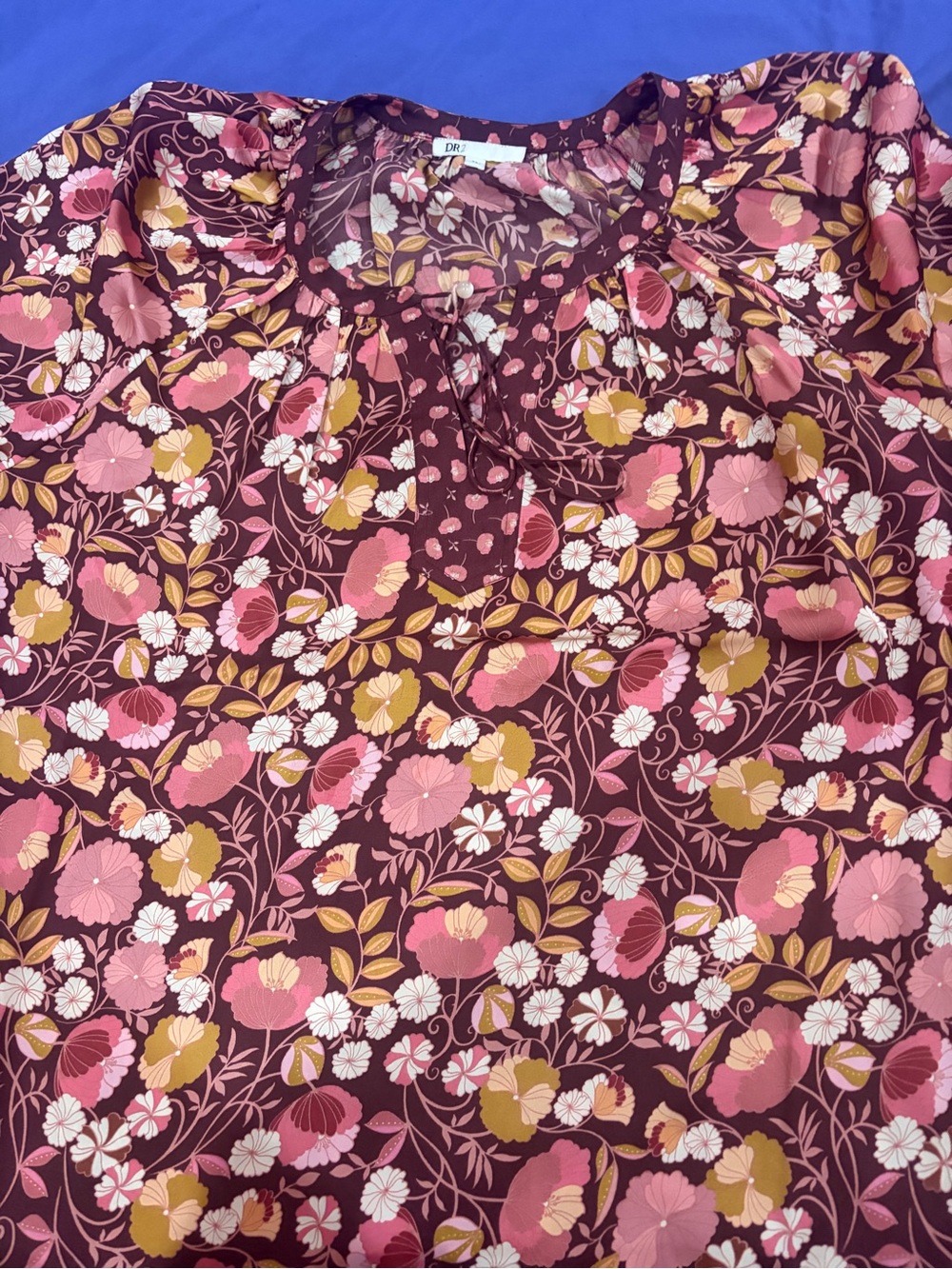 DR2 Maroon Floral Tie-Neck Blouse with Pink and Mustard Accents